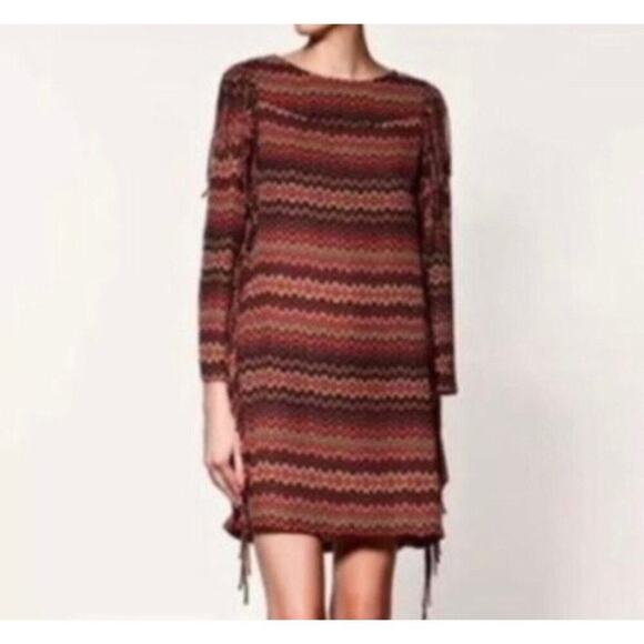 Zara Woman Dress Red Multicolor Chevron Stripes Long Sleeve Shift Fringe SZ M - Picture 8 of 8